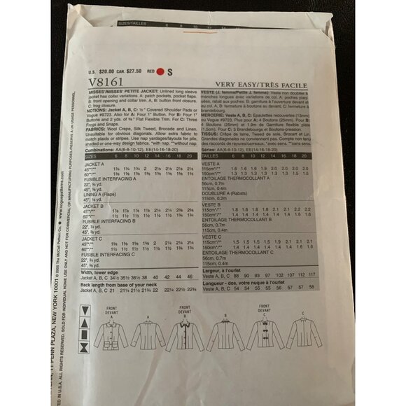 Vogue Misses Jacket Sewing Pattern V7011 Sz 6 - 12 - Uncut - Picture 6 of 10
